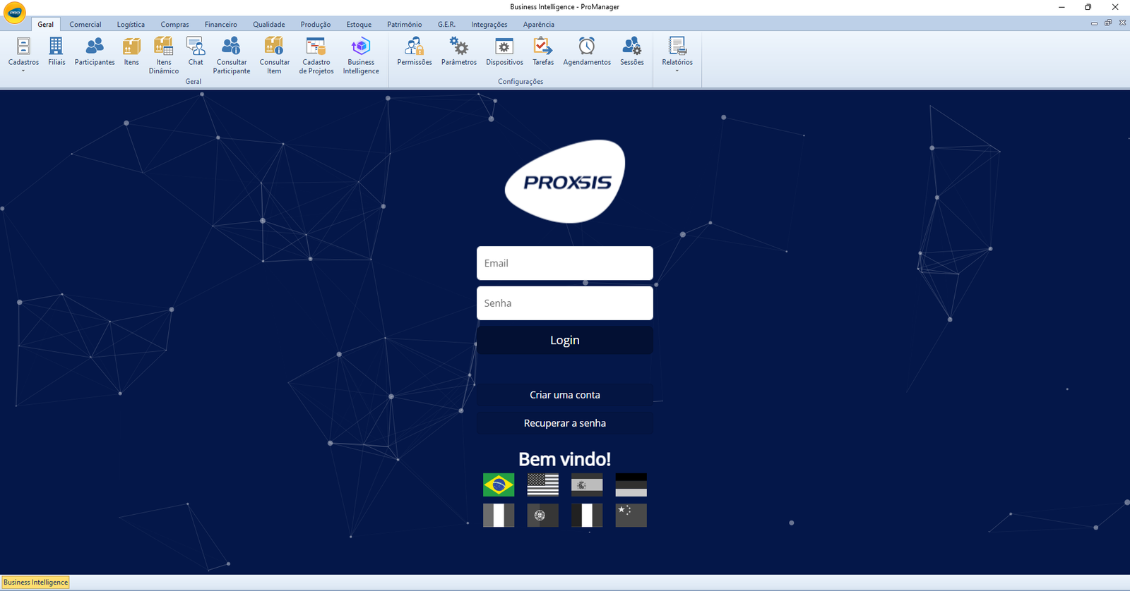Tela de login do BI dentro do ERP ProManager, com a marca Proxsis